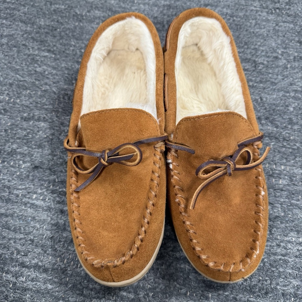 J Crew Suede Leather Moccasins Slippers Shearling Lined Men 9 Brown Casual Cozy